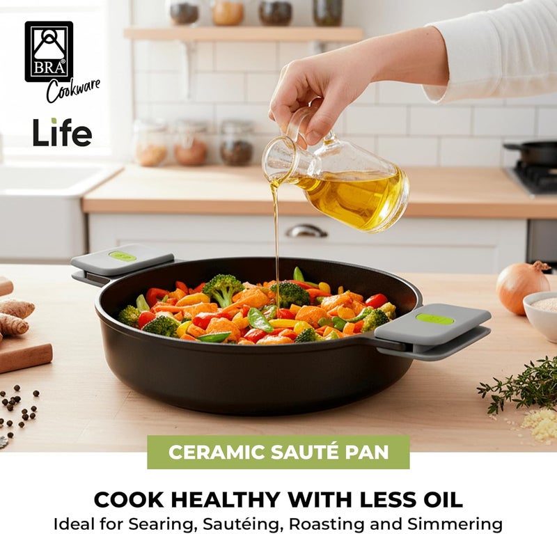 BRA COOKWARE Life Ceramic Nonstick Sauté Pan w/Glass Lid | 11 Inch 2.9 Quart Recycled Aluminum Deep Pan | Dual-Handle Braiser | Ceramic Non-Stick Coating | PFOA Free | All Cooktops & Oven Safe - Image 3
